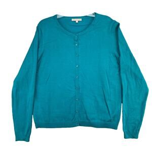 Joan Vass Women's Cardigan Sweater Size XL Teal Buttons Long Sleeve Lightweight